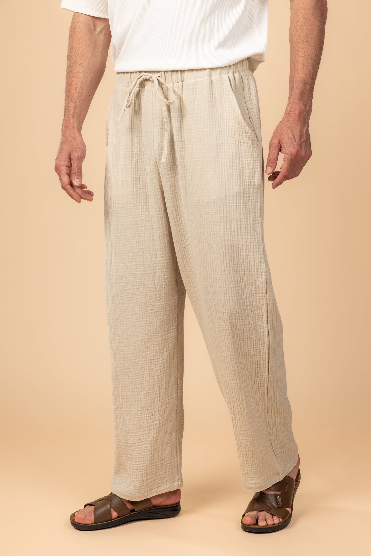 Wide Leg Baby Cotton Pants - Beige