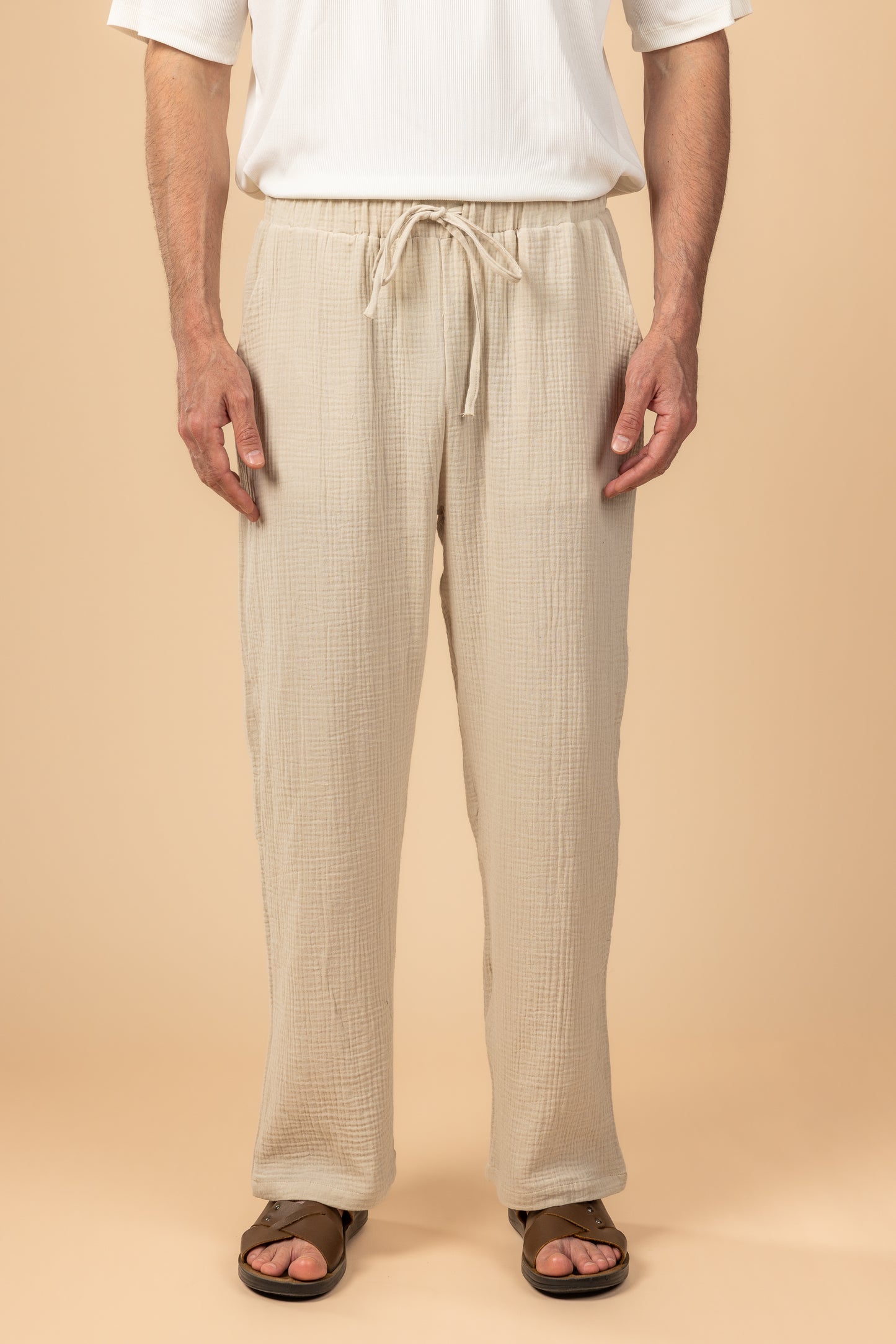 Wide Leg Baby Cotton Pants - Beige