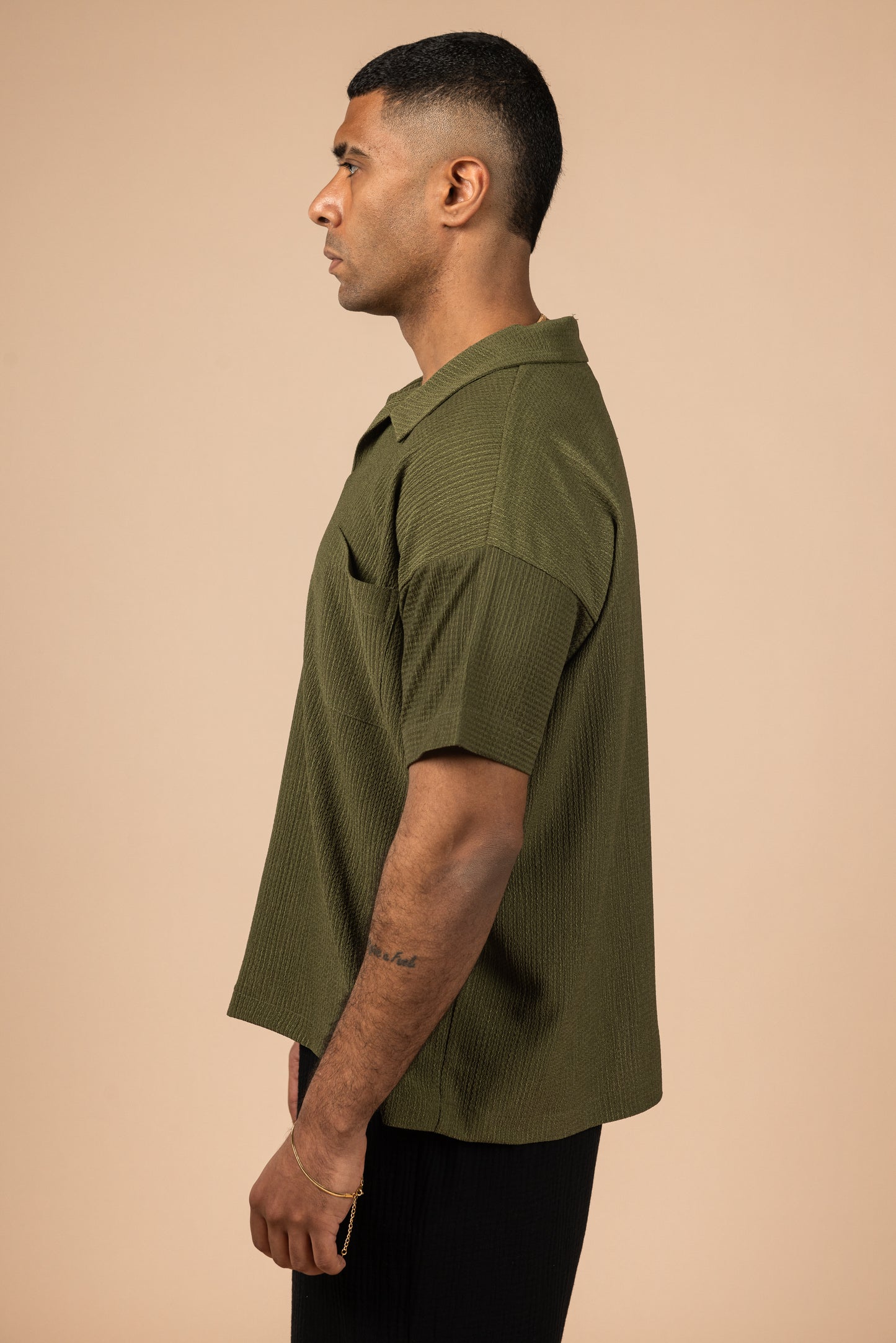 Moon Crushed Boxy Fit Polo Shirt - Olive Green