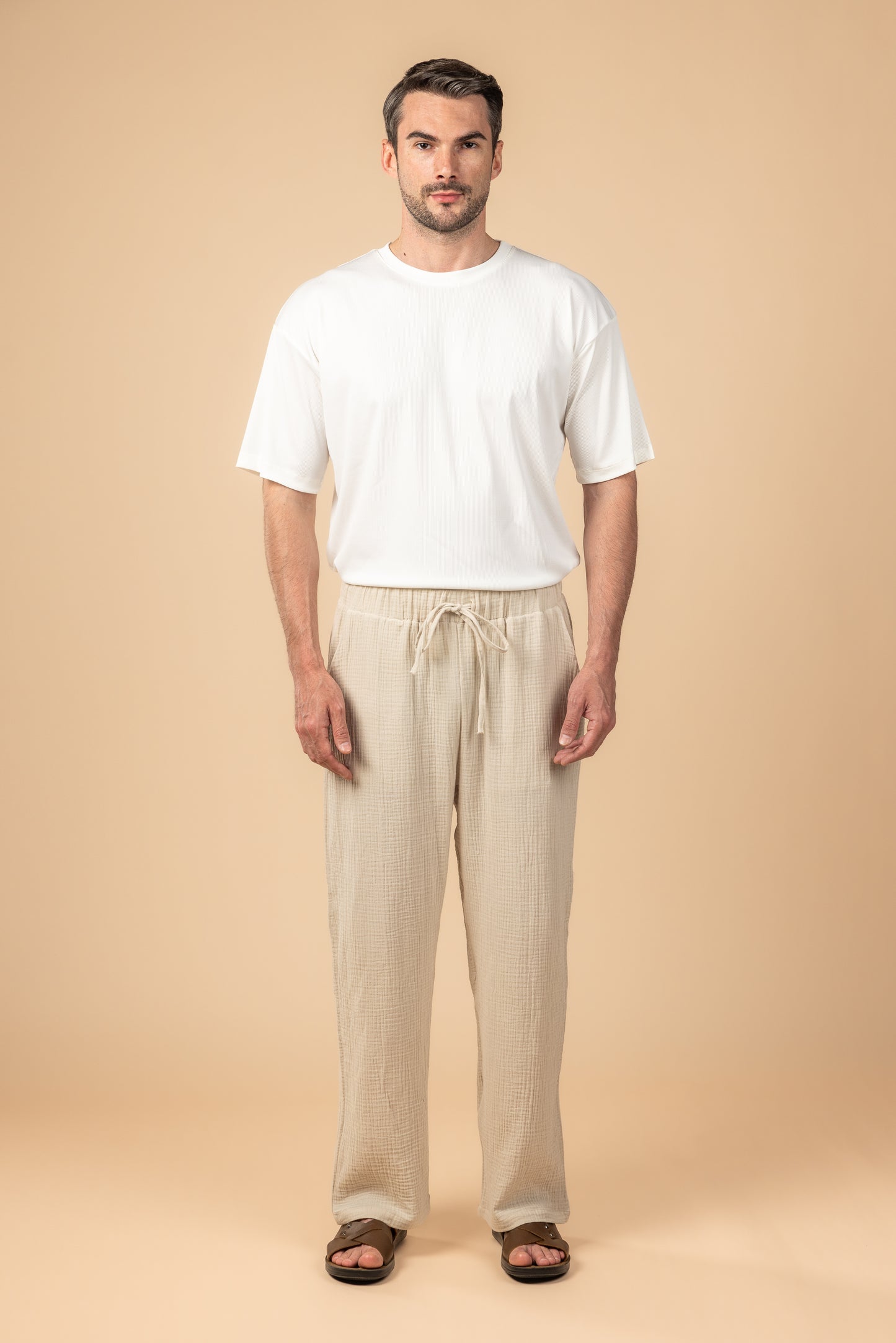 Wide Leg Baby Cotton Pants - Beige