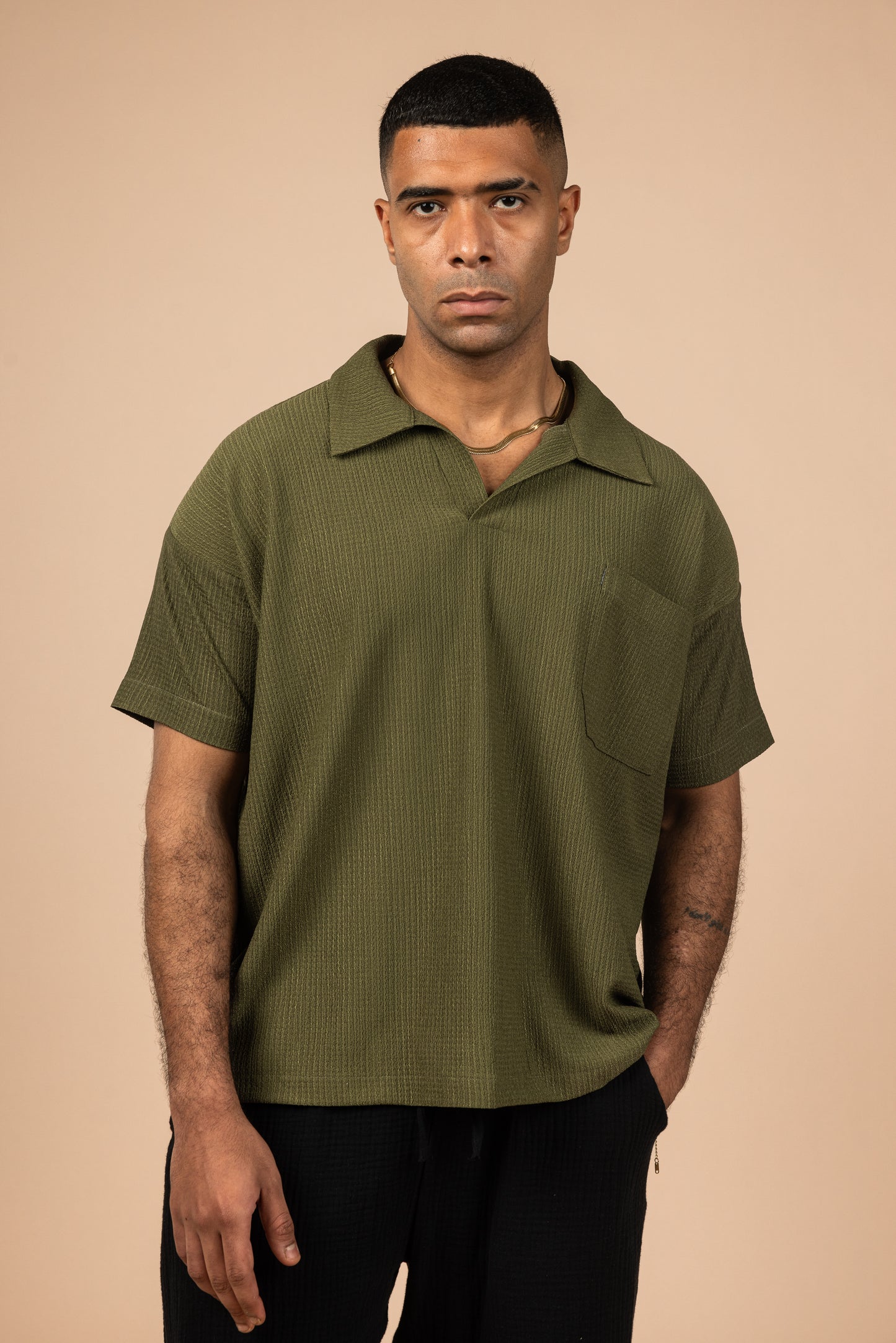Moon Crushed Boxy Fit Polo Shirt - Olive Green