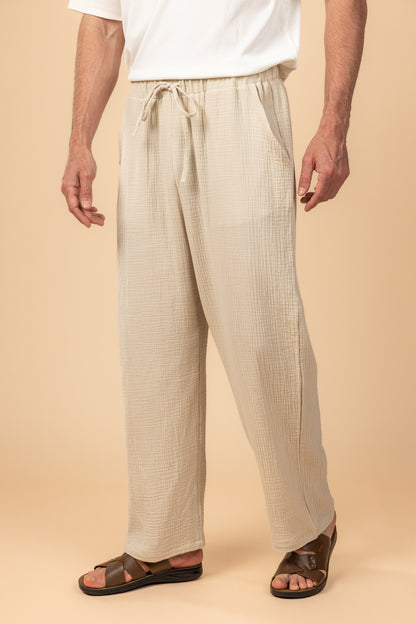 Wide Leg Baby Cotton Pants - Beige