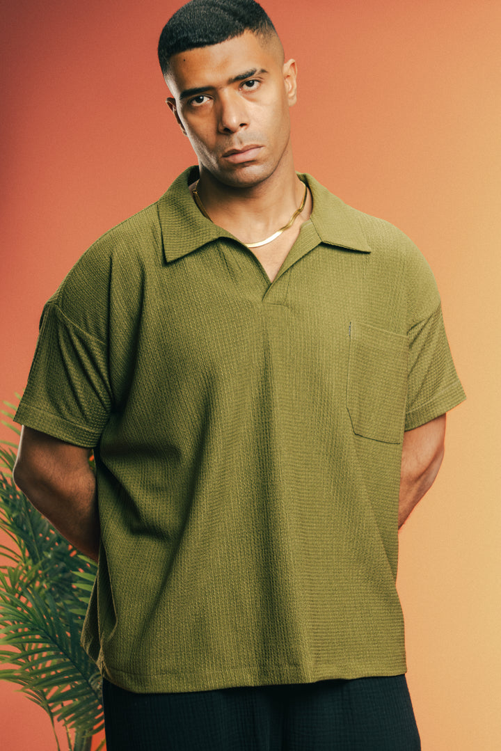 Moon Crushed Boxy Fit Polo Shirt - Olive Green