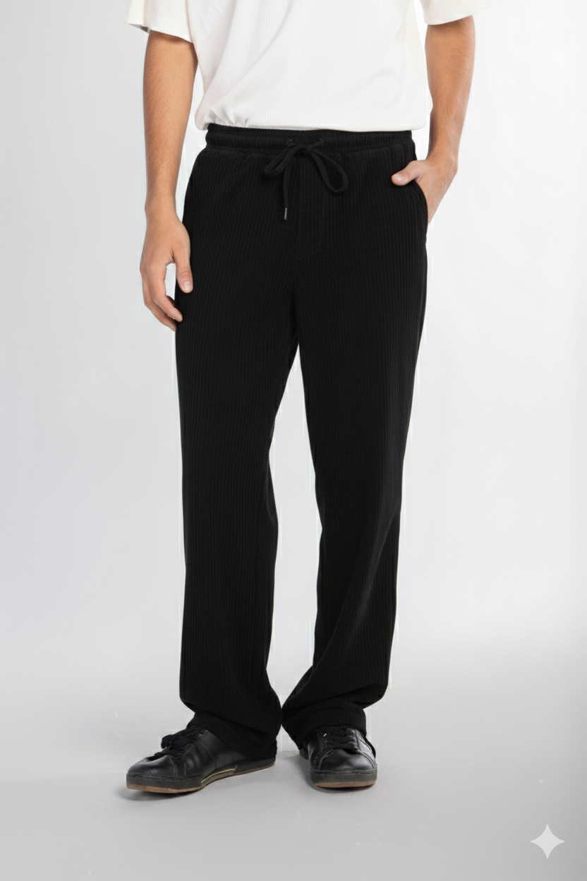 BLACK WIDE LEG CORDUROY PANTS