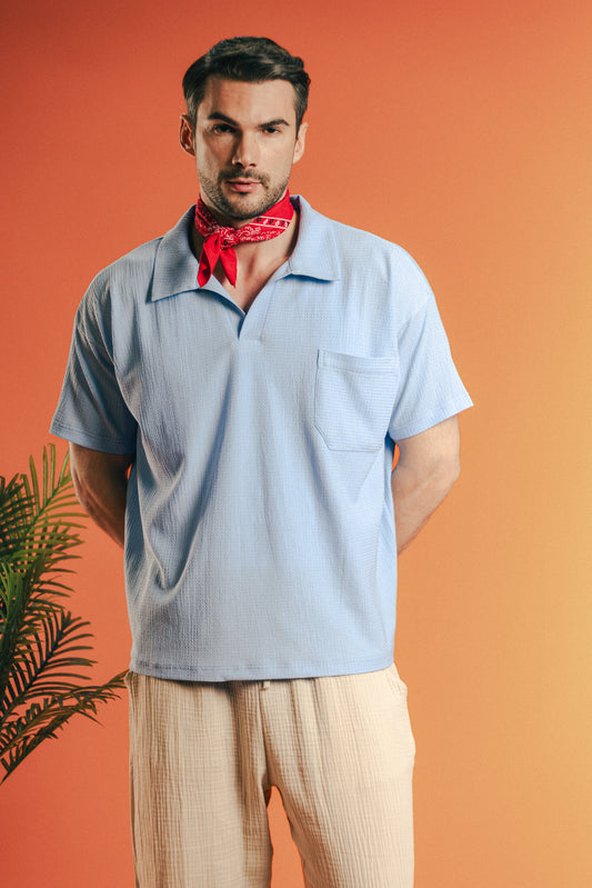 Moon Crushed Boxy Fit Polo Shirt - Sky Blue