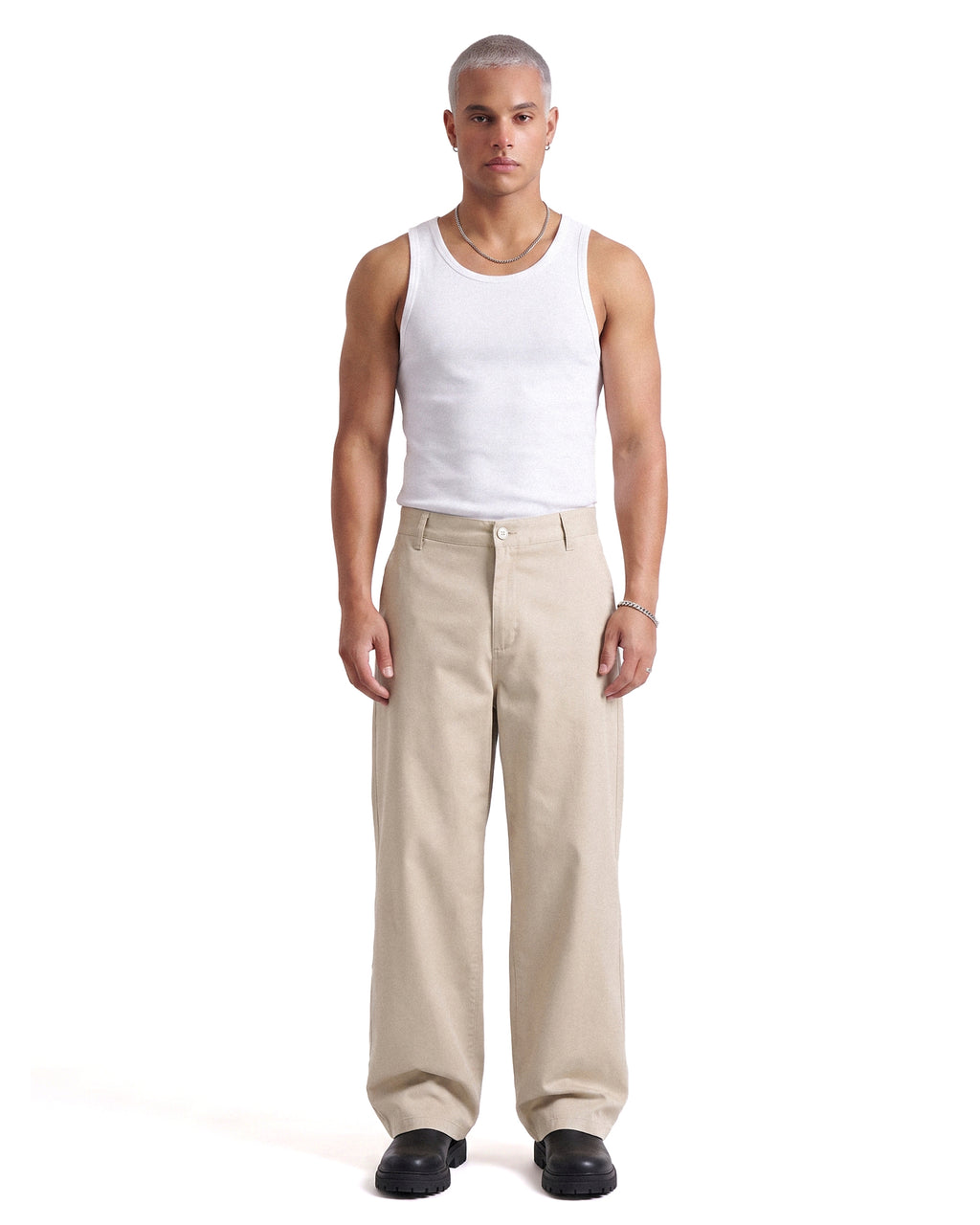 BEIGE WIDE LEG CHINO PANTS