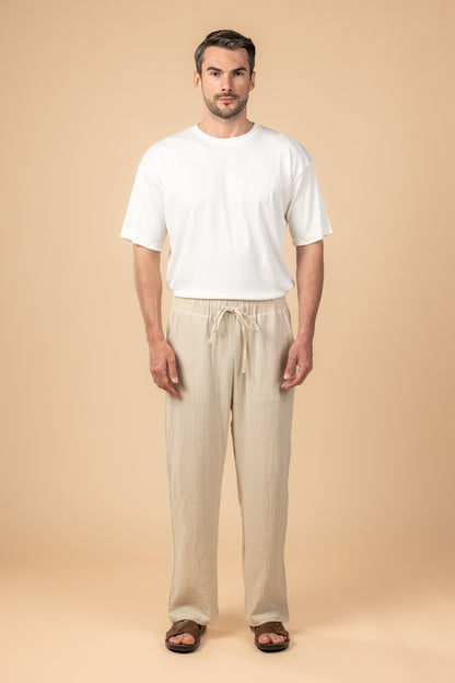 Wide Leg Baby Cotton Pants - Beige