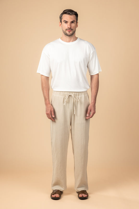 Wide Leg Baby Cotton Pants - Beige