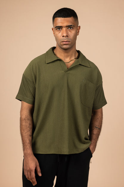 Moon Crushed Boxy Fit Polo Shirt - Olive Green