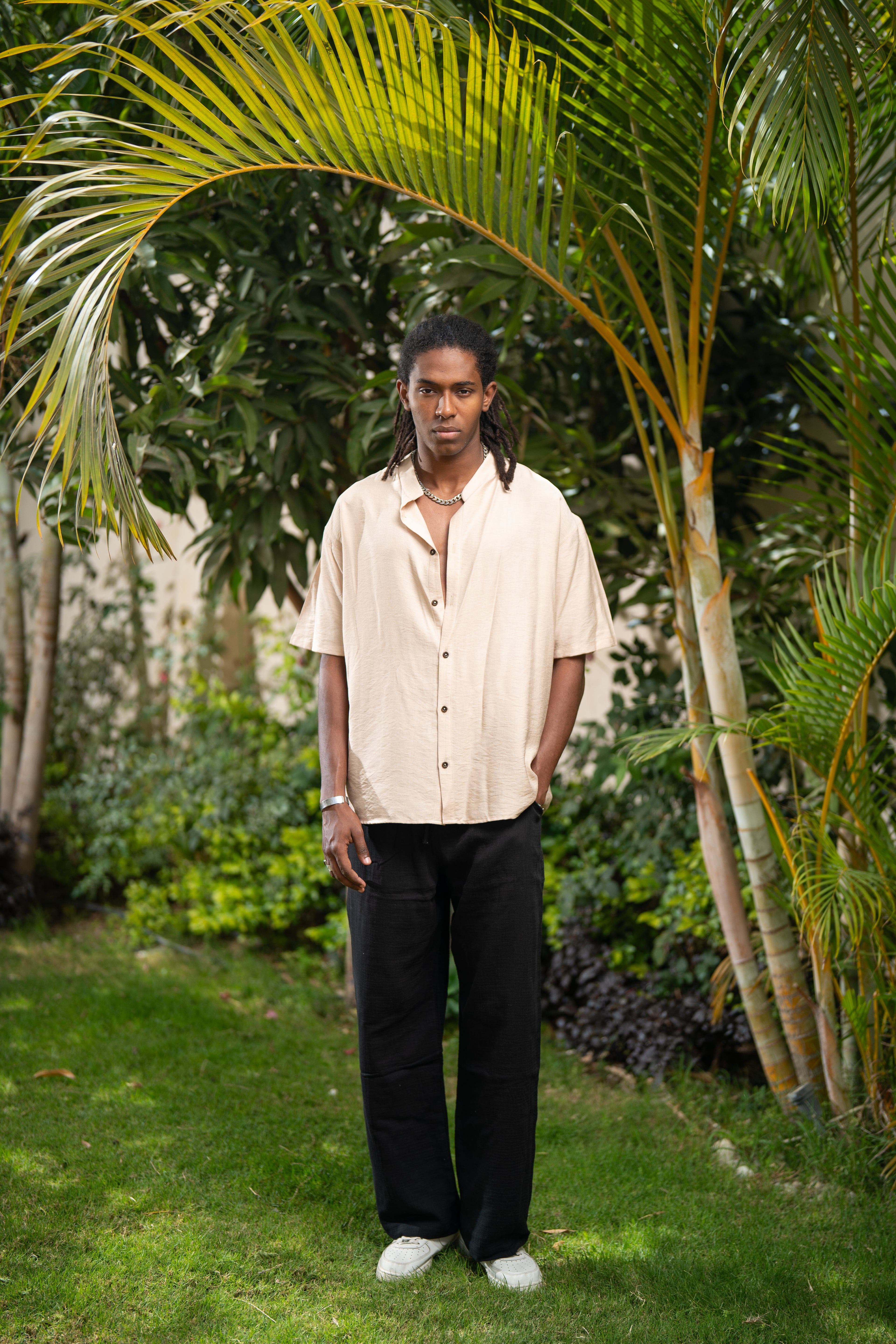 Oversized Short Sleeve Linen Shirt - Beige