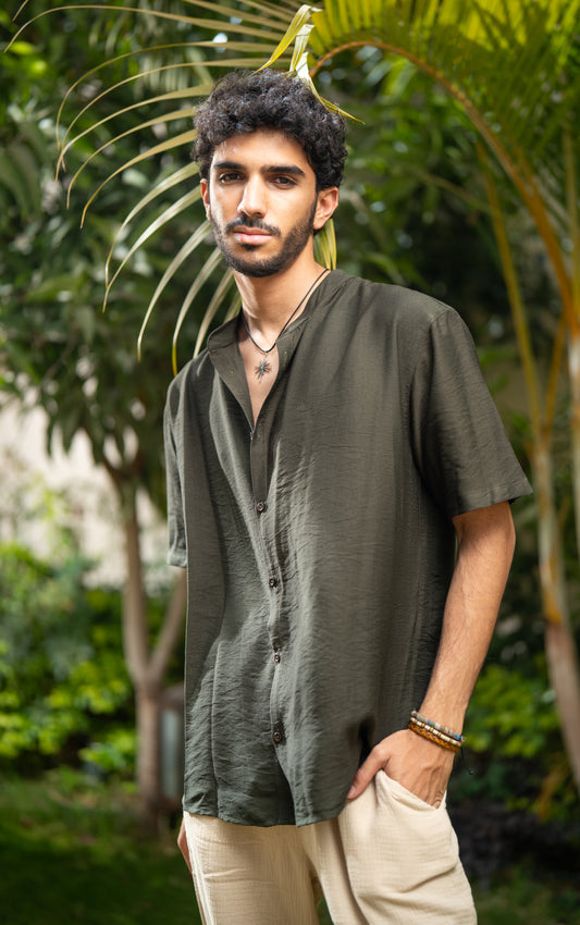 Oversized Short Sleeve Linen Shirt - Olive Green