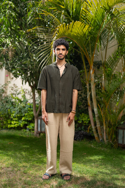 Oversized Short Sleeve Linen Shirt - Olive Green