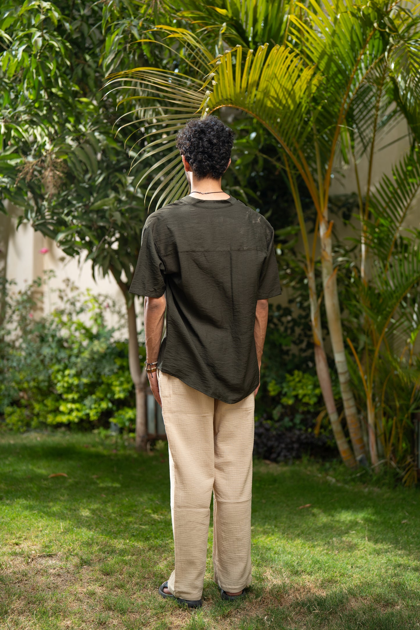 Oversized Short Sleeve Linen Shirt - Olive Green