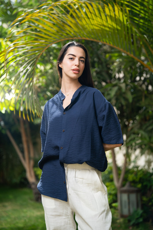 Oversized Short Sleeve Linen Shirt - Navy