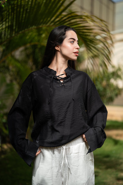 Oversized Long Sleeve Linen Shirt - Black