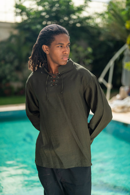 Oversized Long Sleeve Linen Shirt - Olive Green