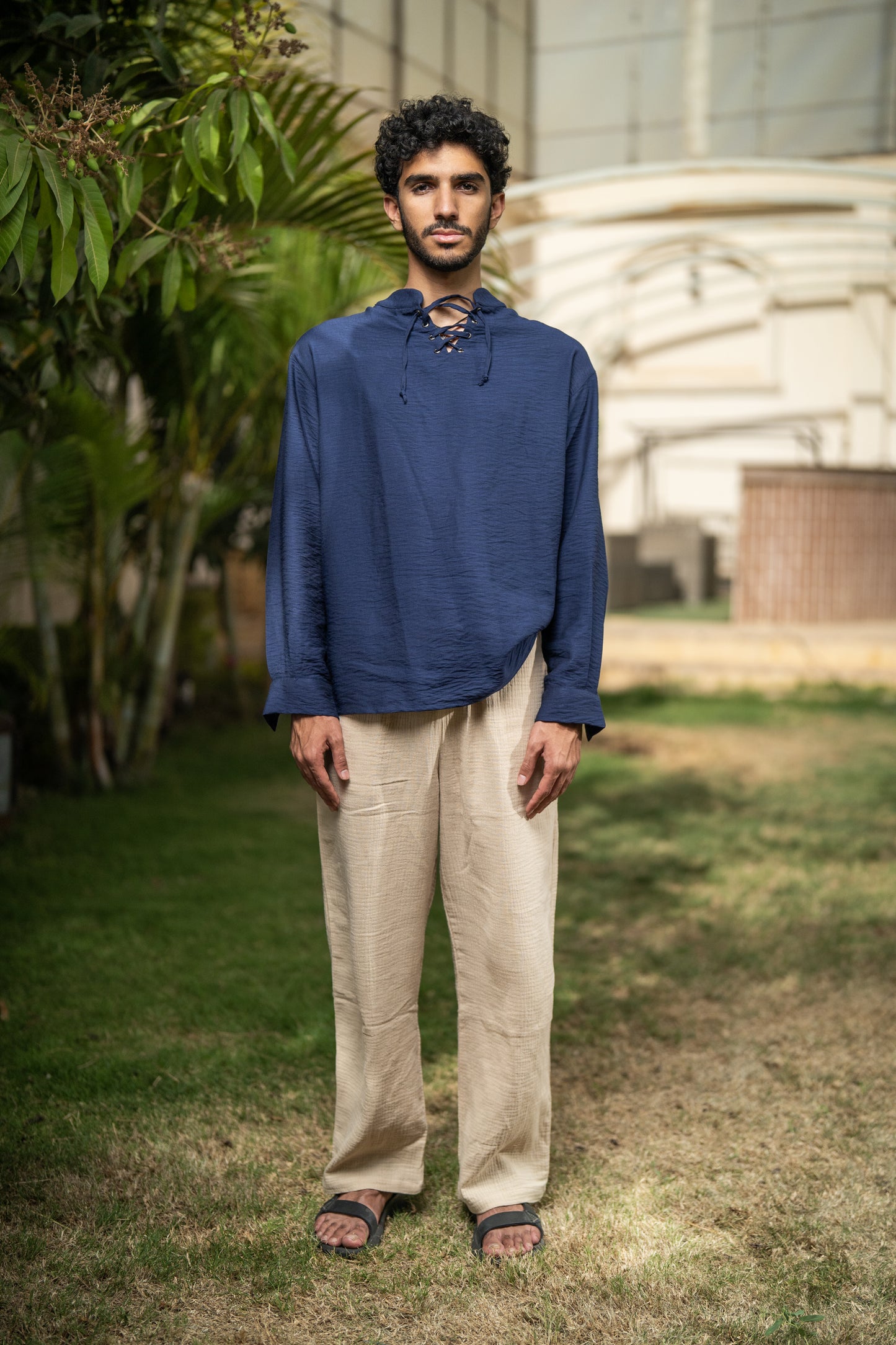 Oversized Long Sleeve Linen Shirt - Navy