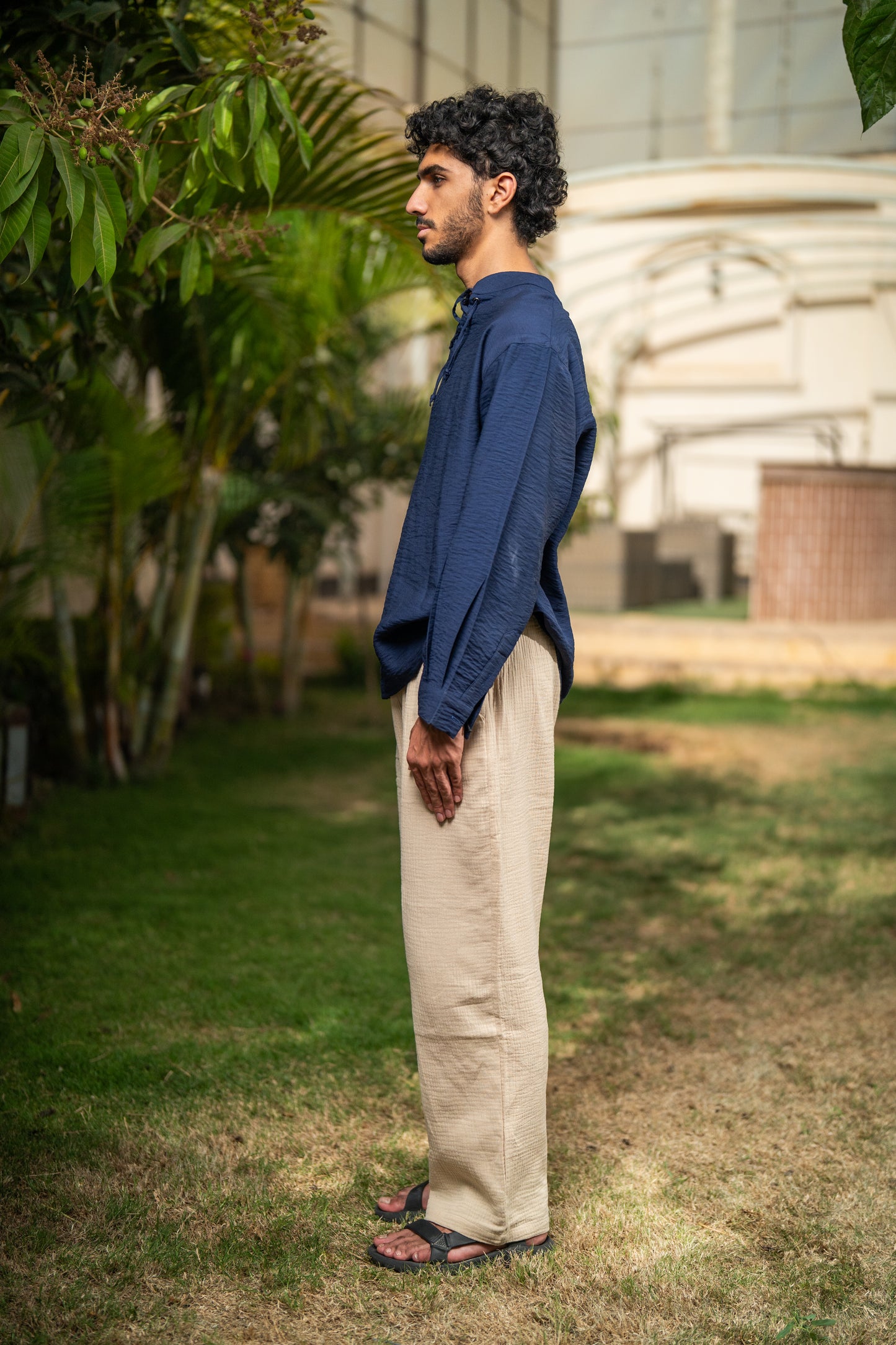 Oversized Long Sleeve Linen Shirt - Navy