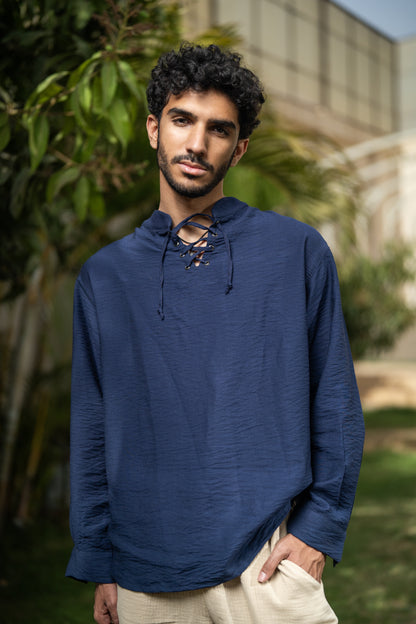 Oversized Long Sleeve Linen Shirt - Navy