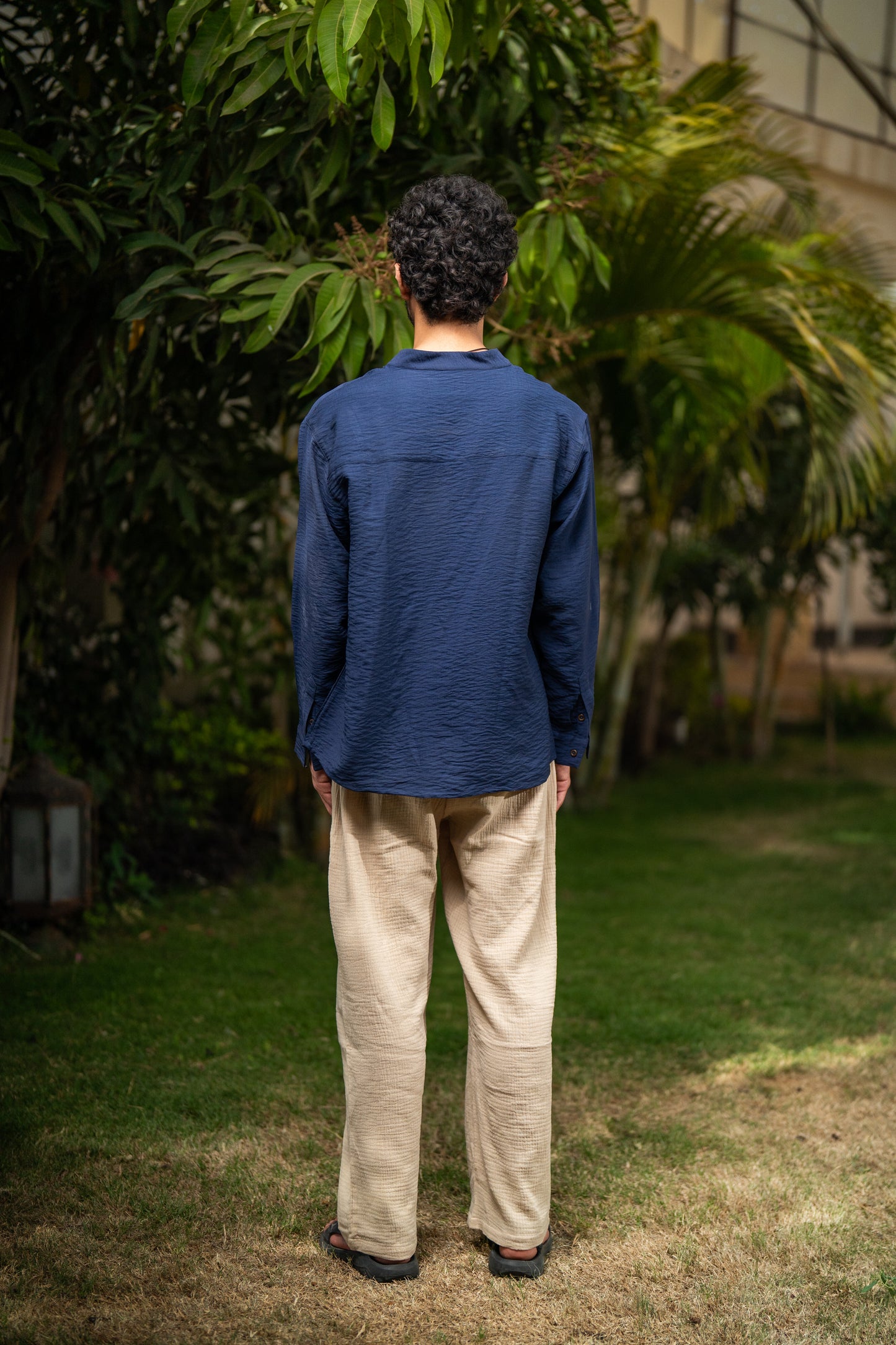 Oversized Long Sleeve Linen Shirt - Navy