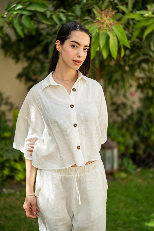 Women's Oversized Cropped Baby Cotton Shirt - White