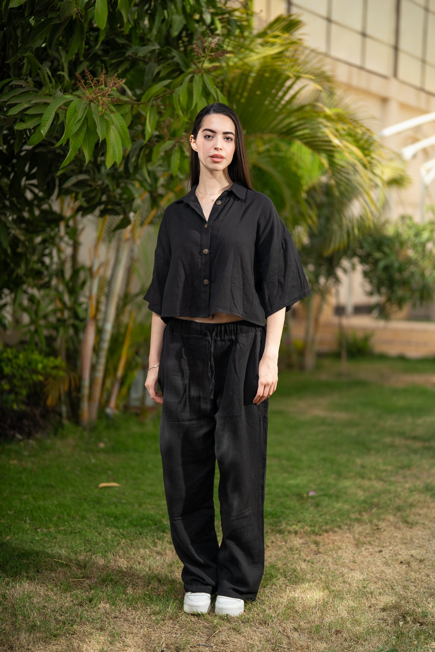 Women's Oversized Cropped Baby Cotton Shirt - Black