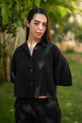 Women's Oversized Cropped Baby Cotton Shirt - Black