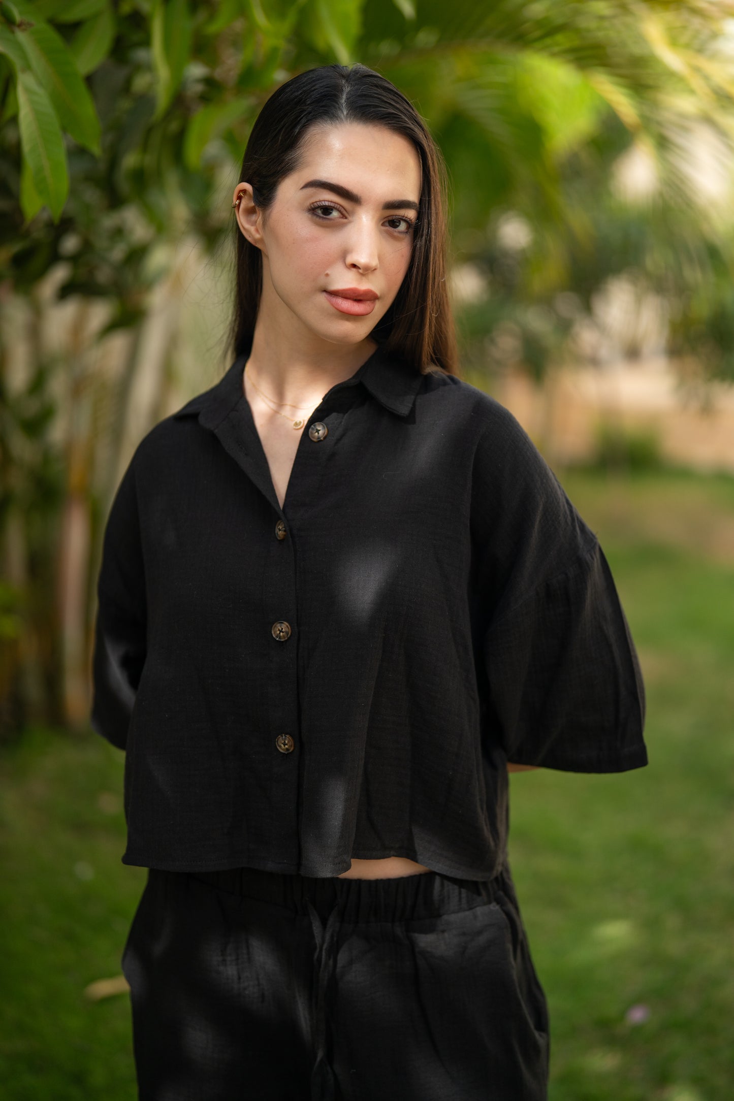 Women's Oversized Cropped Baby Cotton Shirt - Black