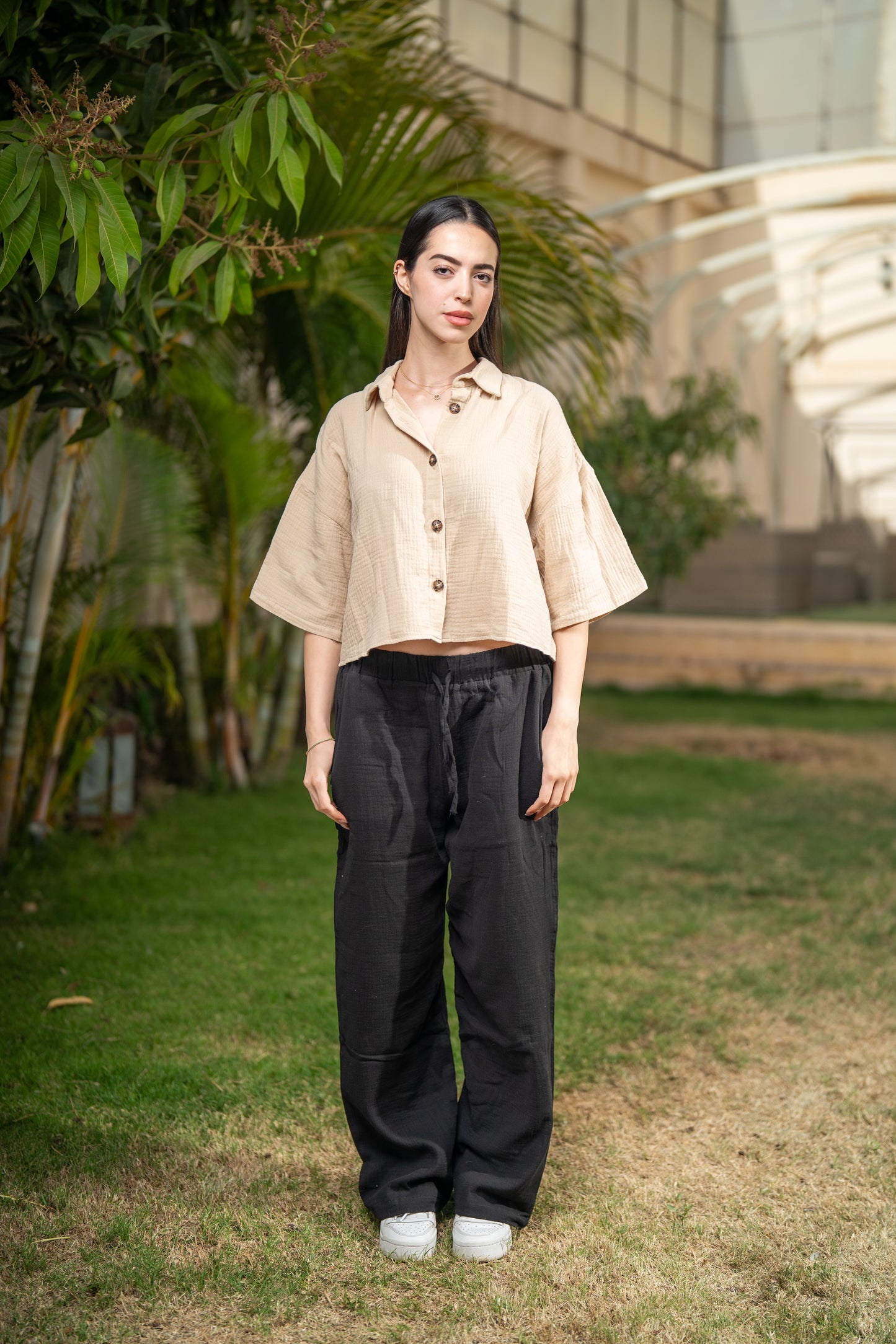 Women's Oversized Cropped Baby Cotton Shirt - Beige