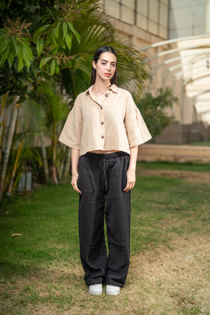 Women's Oversized Cropped Baby Cotton Shirt - Beige