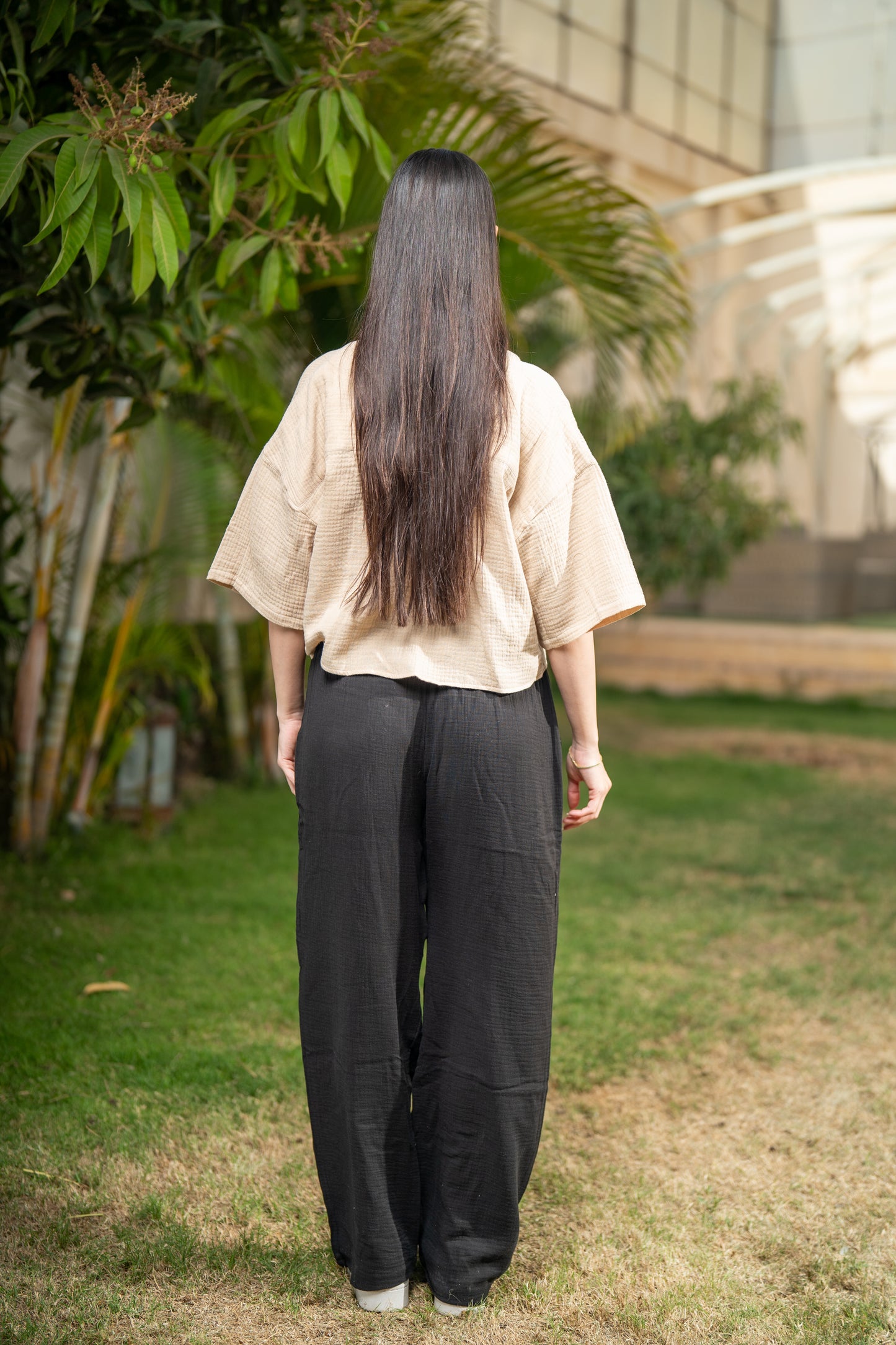 Women's Oversized Cropped Baby Cotton Shirt - Beige