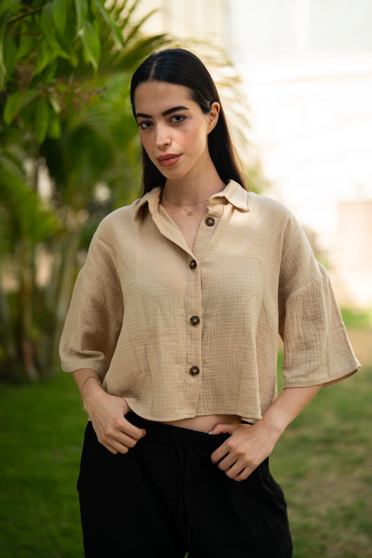 Women's Oversized Cropped Baby Cotton Shirt - Beige