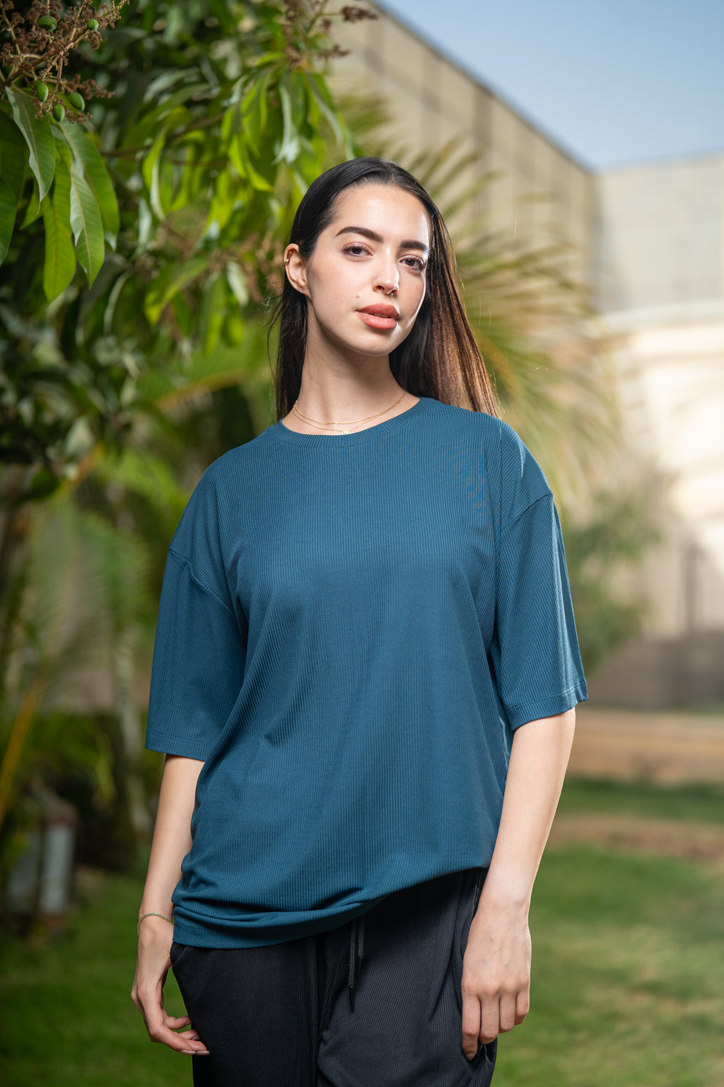 Oversized Ribbed T-Shirt - Petroleum