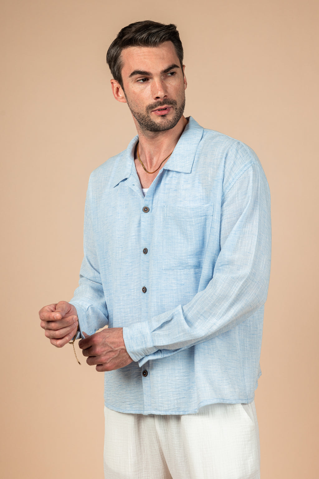 Long Sleeve Sky Blue Linen Shirt