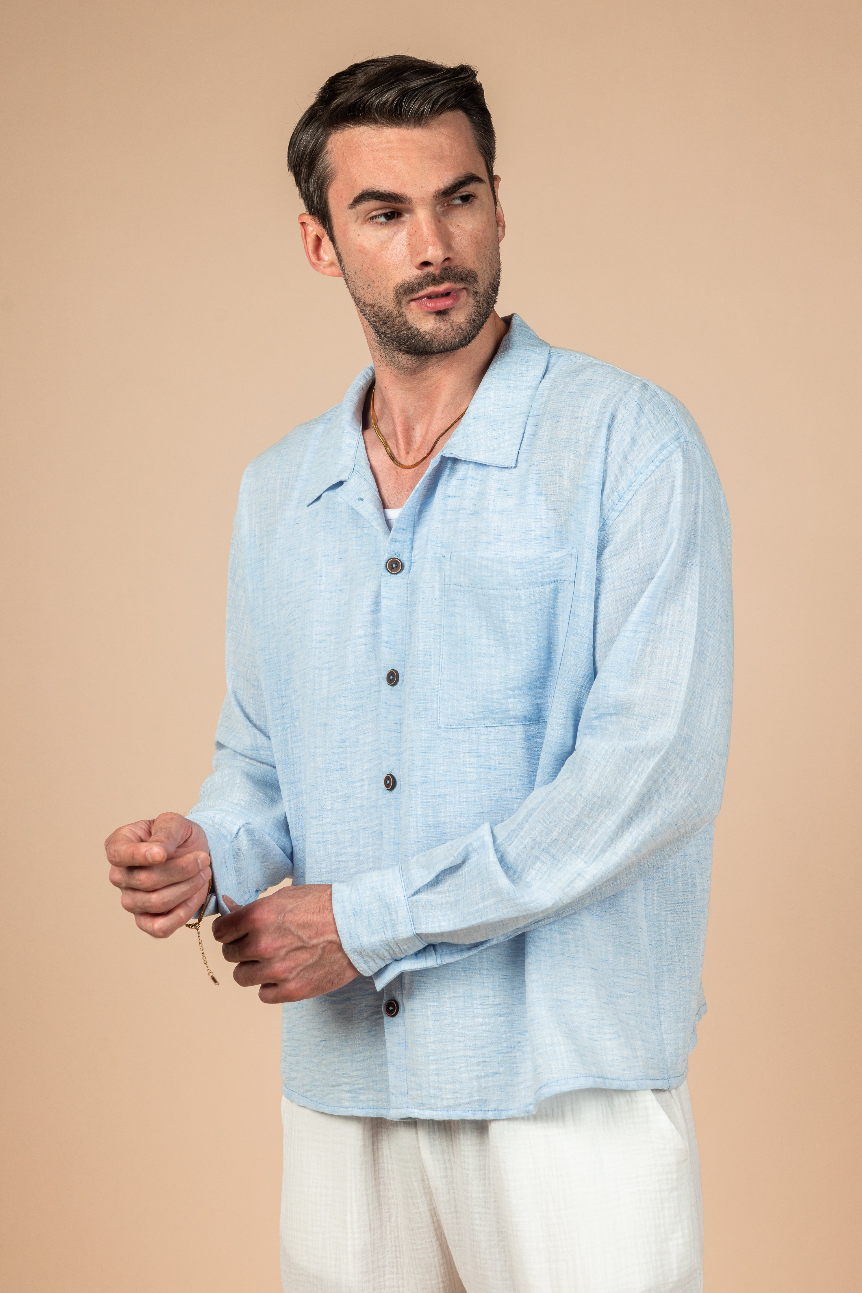 Long Sleeve Sky Blue Linen Shirt