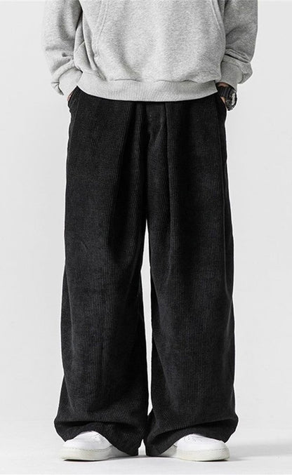 BLACK WIDE LEG CORDUROY PANTS