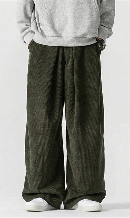 OLIVE GREEN WIDE LEG CORDUROY PANTS