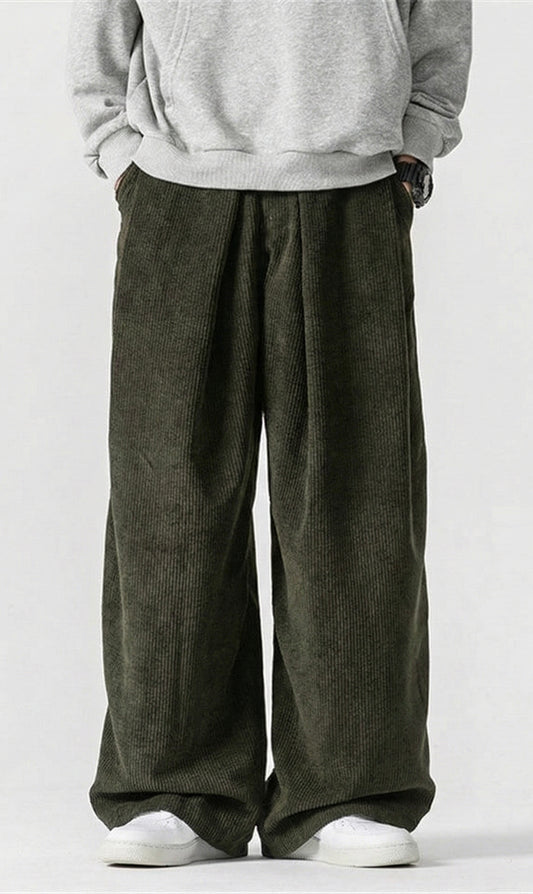 OLIVE GREEN WIDE LEG CORDUROY PANTS