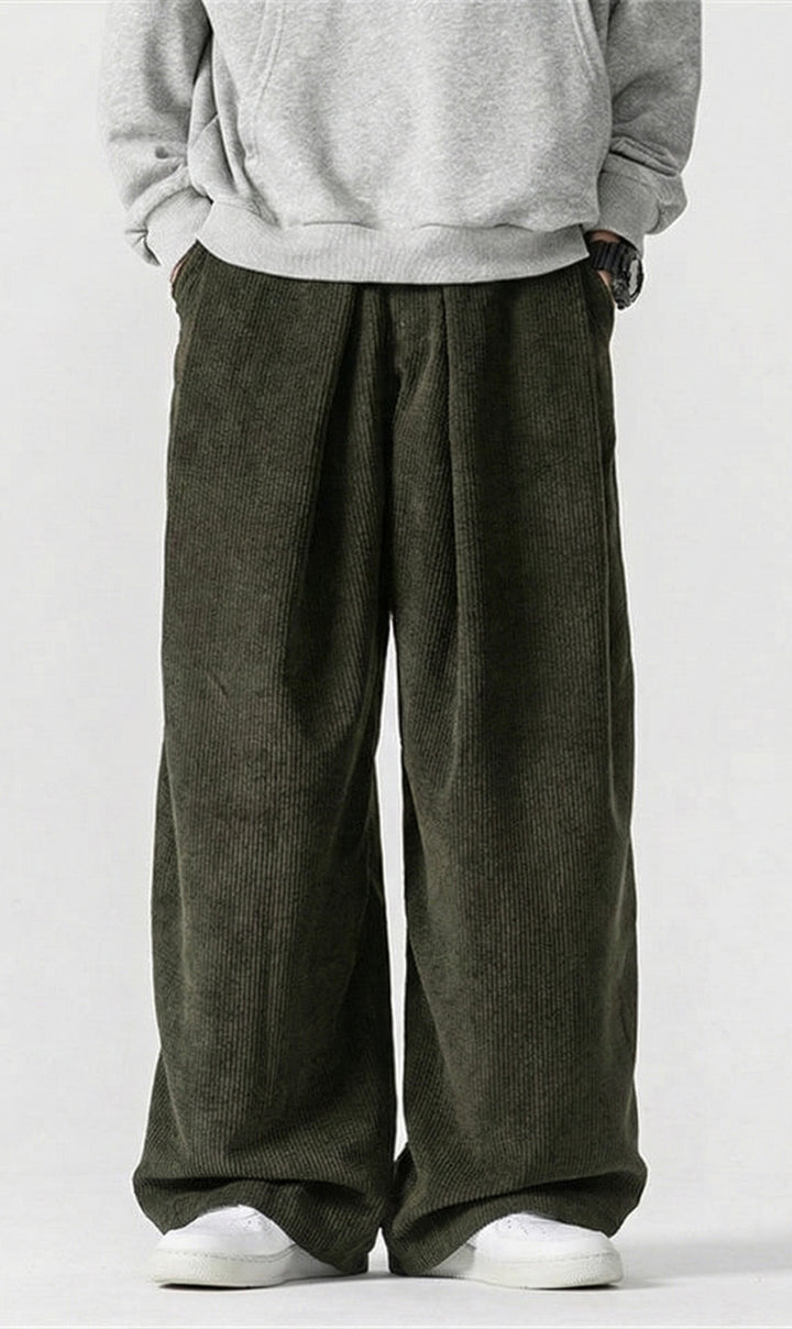 OLIVE GREEN WIDE LEG CORDUROY PANTS